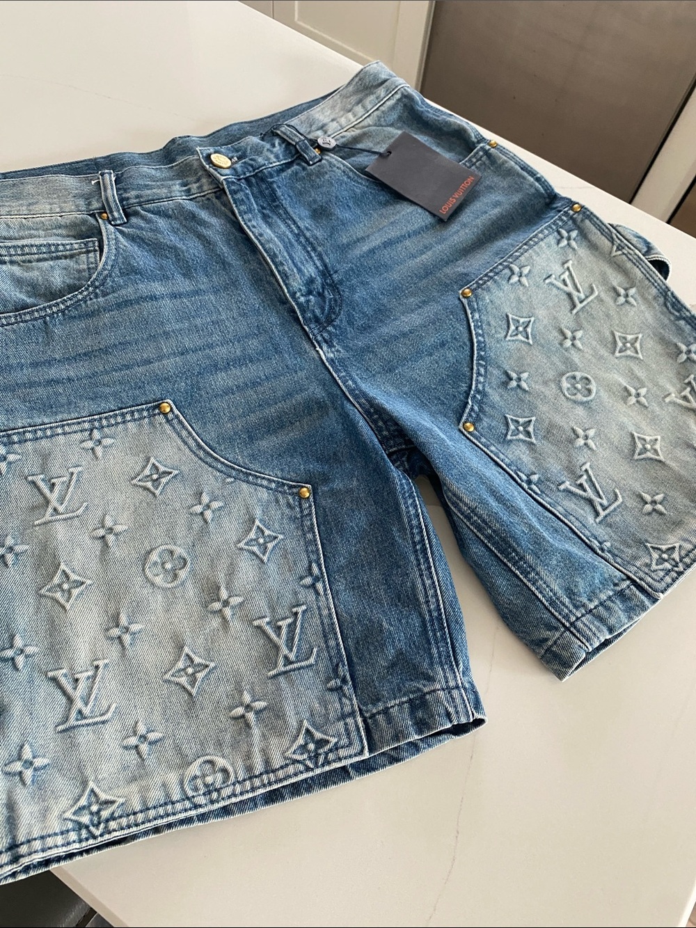Louis Vuitton Light Blue Embossed Monogram Denim Shorts - Men